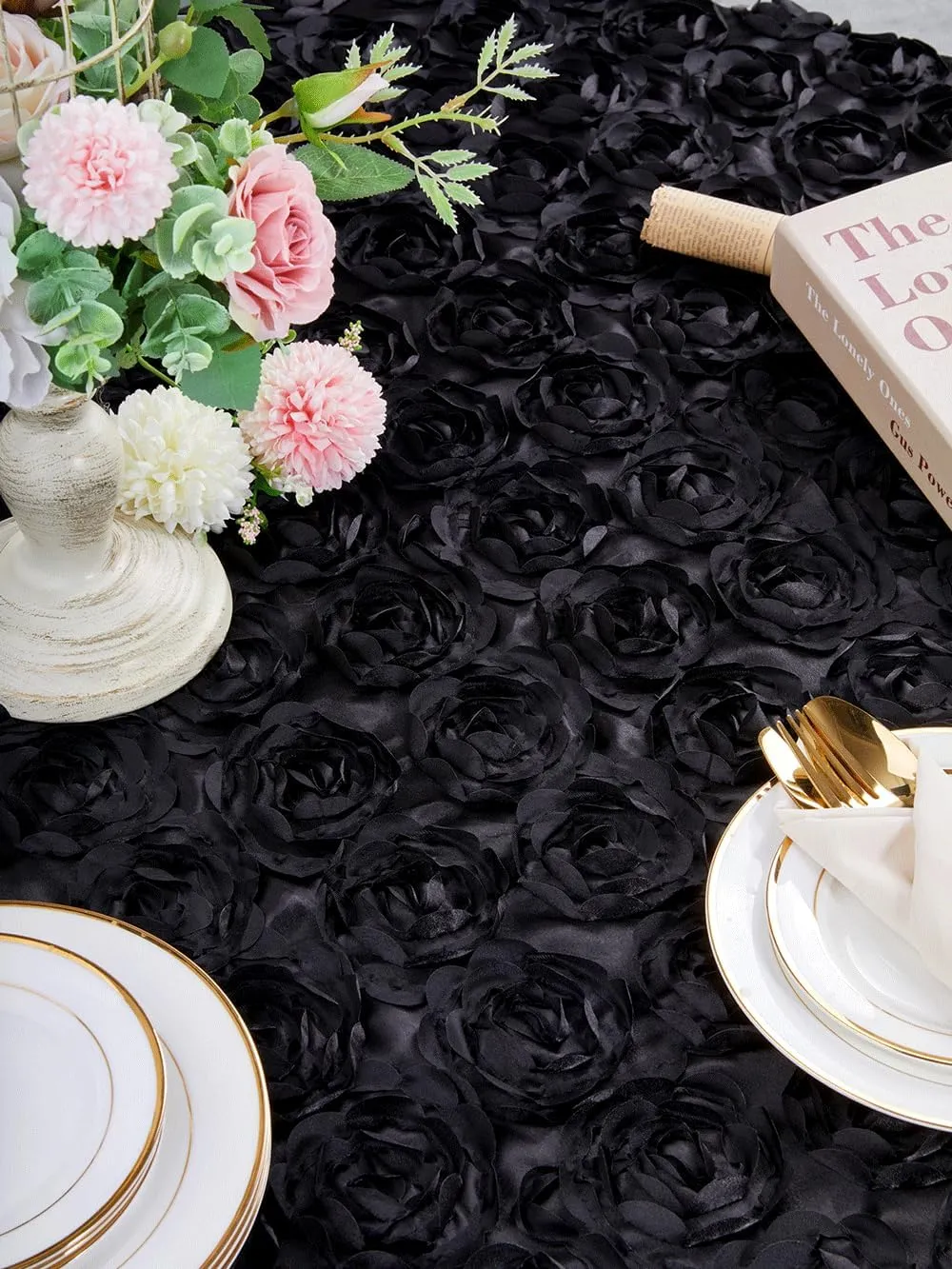QueenDream Round Tablecloth 60 Inch Black Rosette Tablecloth for Dining Table Birthday Wedding Ceremony Festival Party Banquet