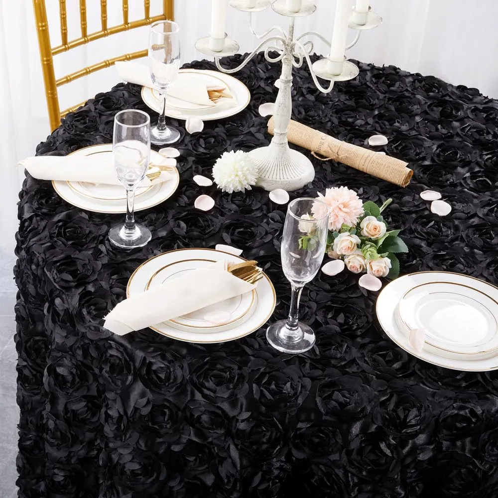 QueenDream Round Tablecloth 60 Inch Black Rosette Tablecloth for Dining Table Birthday Wedding Ceremony Festival Party Banquet