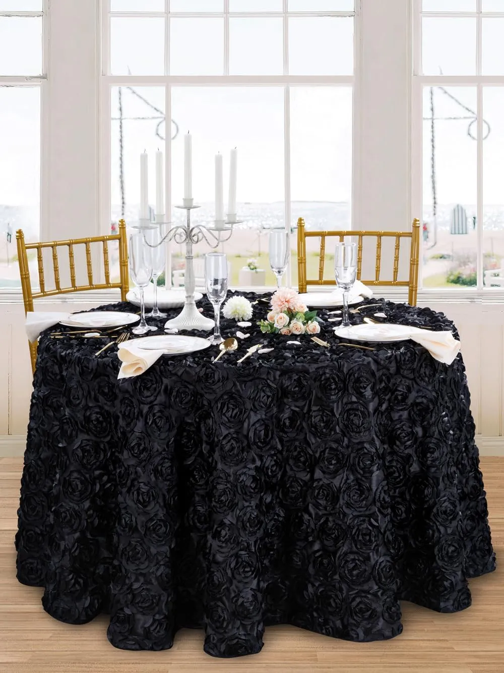 QueenDream Round Tablecloth 60 Inch Black Rosette Tablecloth for Dining Table Birthday Wedding Ceremony Festival Party Banquet