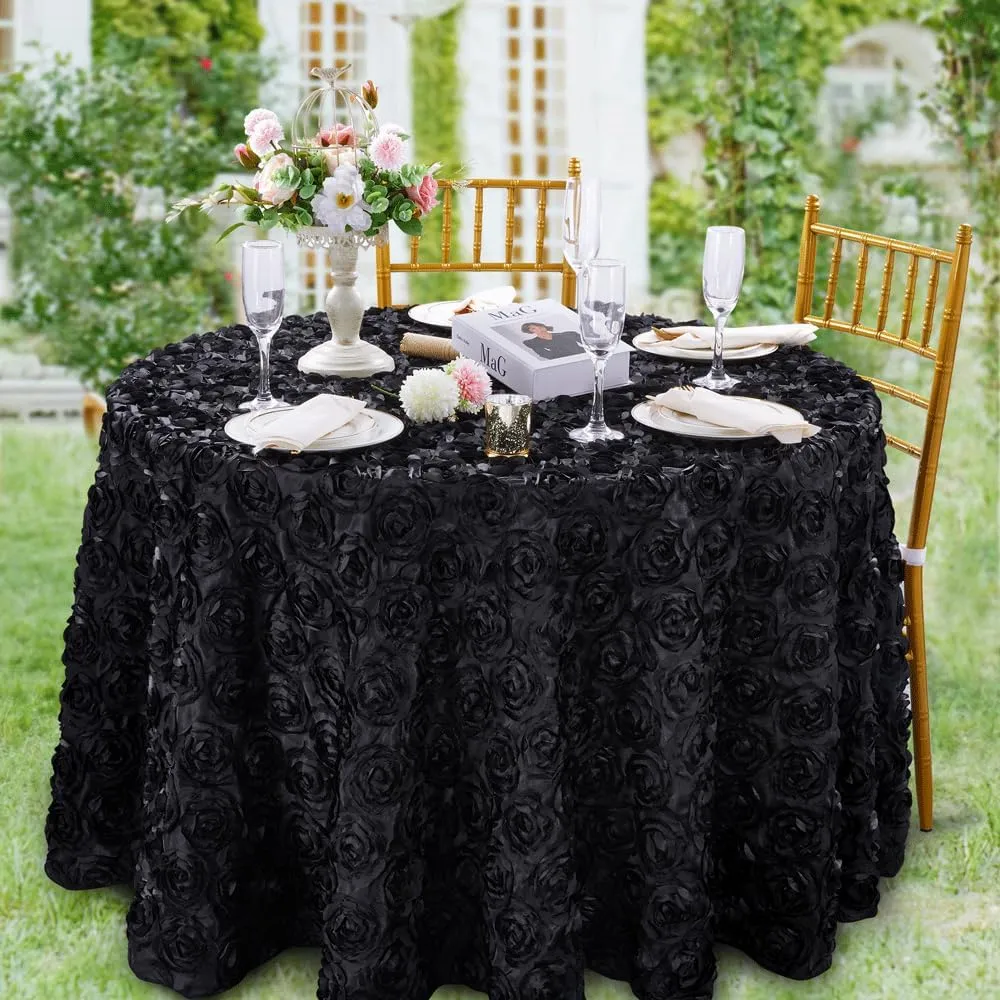 QueenDream Round Tablecloth 60 Inch Black Rosette Tablecloth for Dining Table Birthday Wedding Ceremony Festival Party Banquet