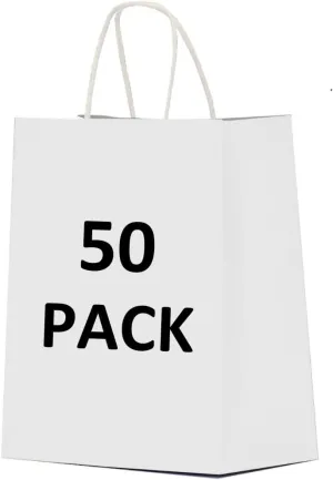 Qutuus White Paper Bags 10x5x13 50 Pcs White Paper Gift Bags with Handles Bulk Large Gift Bags, Paper Sacks, Shopping Bags, Retail Bags, White Kraft Bags