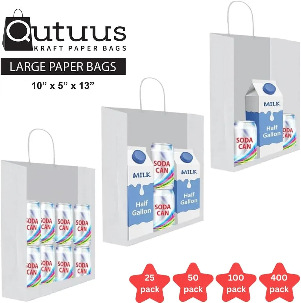 Qutuus White Paper Bags 10x5x13 50 Pcs White Paper Gift Bags with Handles Bulk Large Gift Bags, Paper Sacks, Shopping Bags, Retail Bags, White Kraft Bags