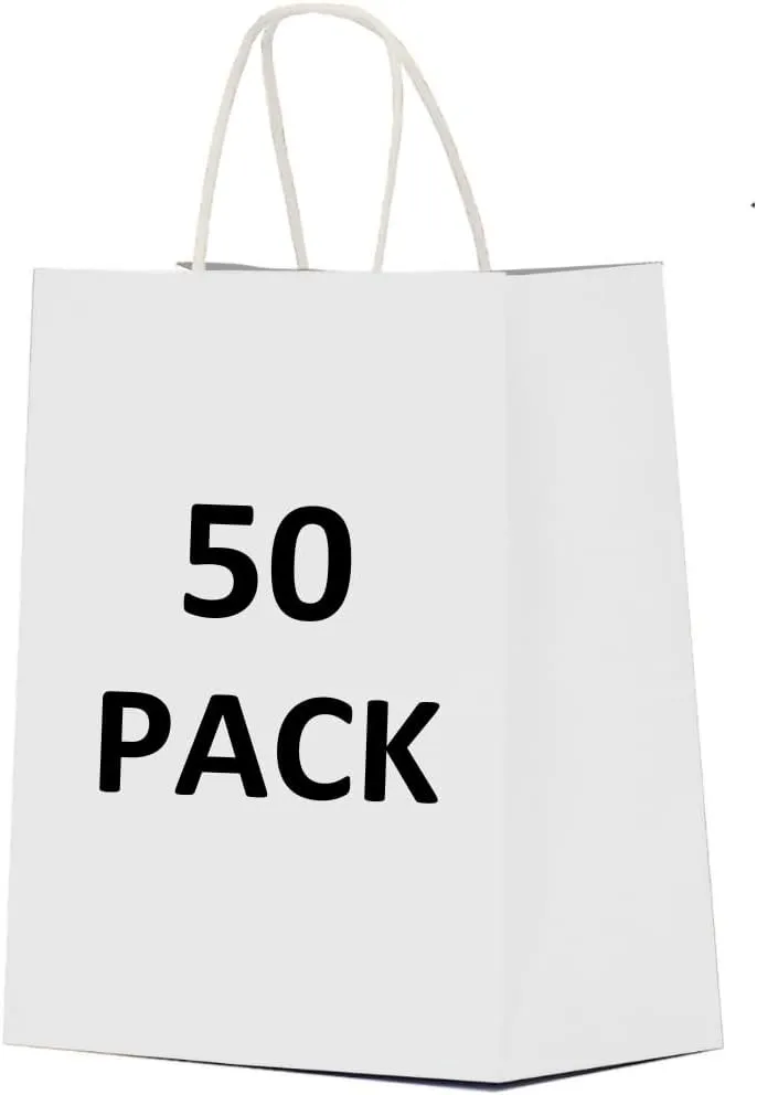 Qutuus White Paper Bags 10x5x13 50 Pcs White Paper Gift Bags with Handles Bulk Large Gift Bags, Paper Sacks, Shopping Bags, Retail Bags, White Kraft Bags