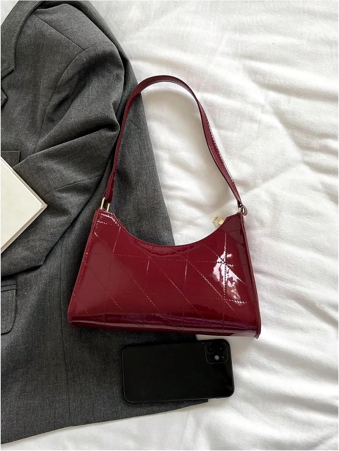 QWINEE Women's Artificial Patent Leather Tote - Square, Satchel, Ladies Shoulder Totes, Crossbody Bags