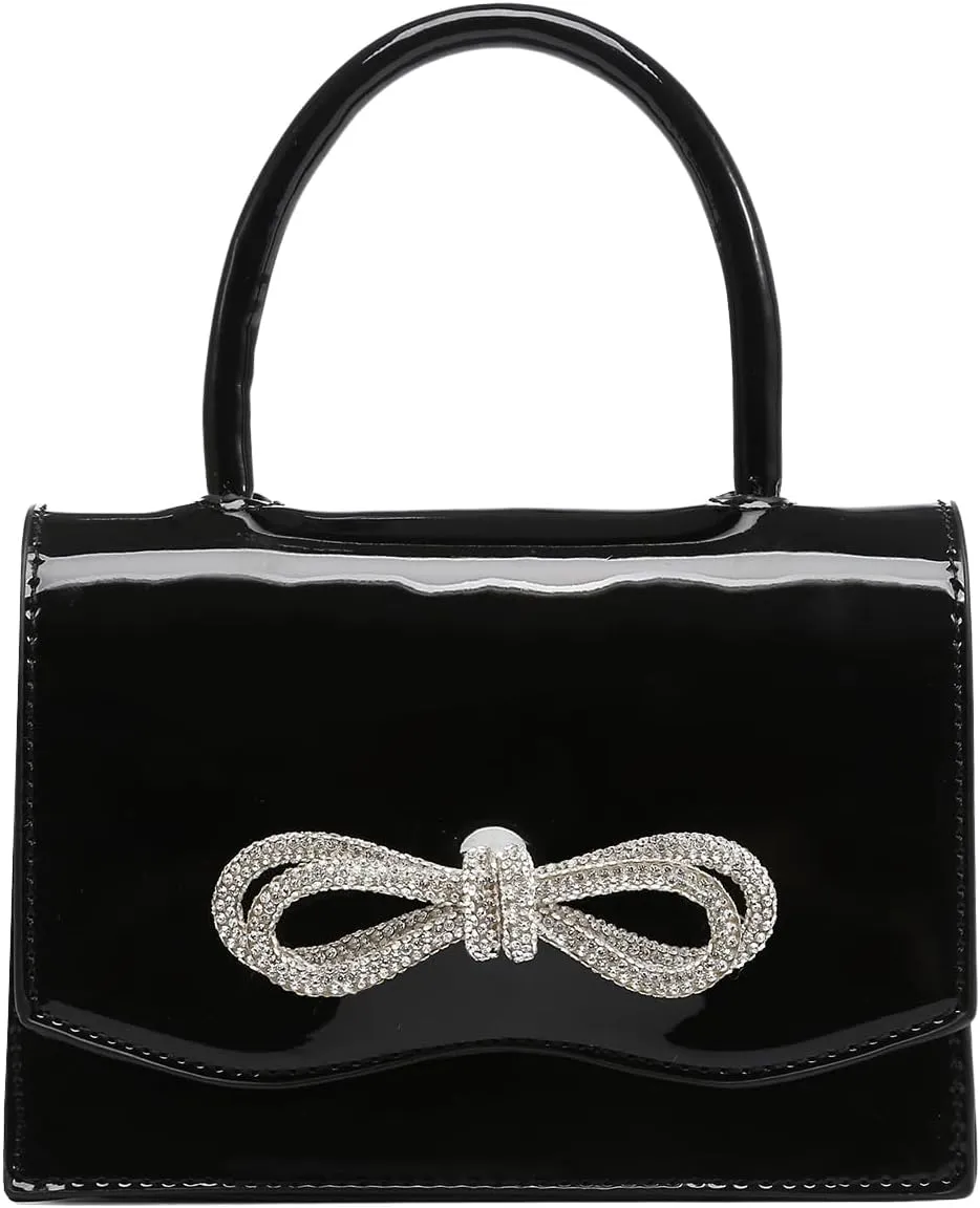 QWINEE Women's Glitter Rhinestone Bow Decor Clutch Purse Prom Bags Sparkle Mini Square Handbags