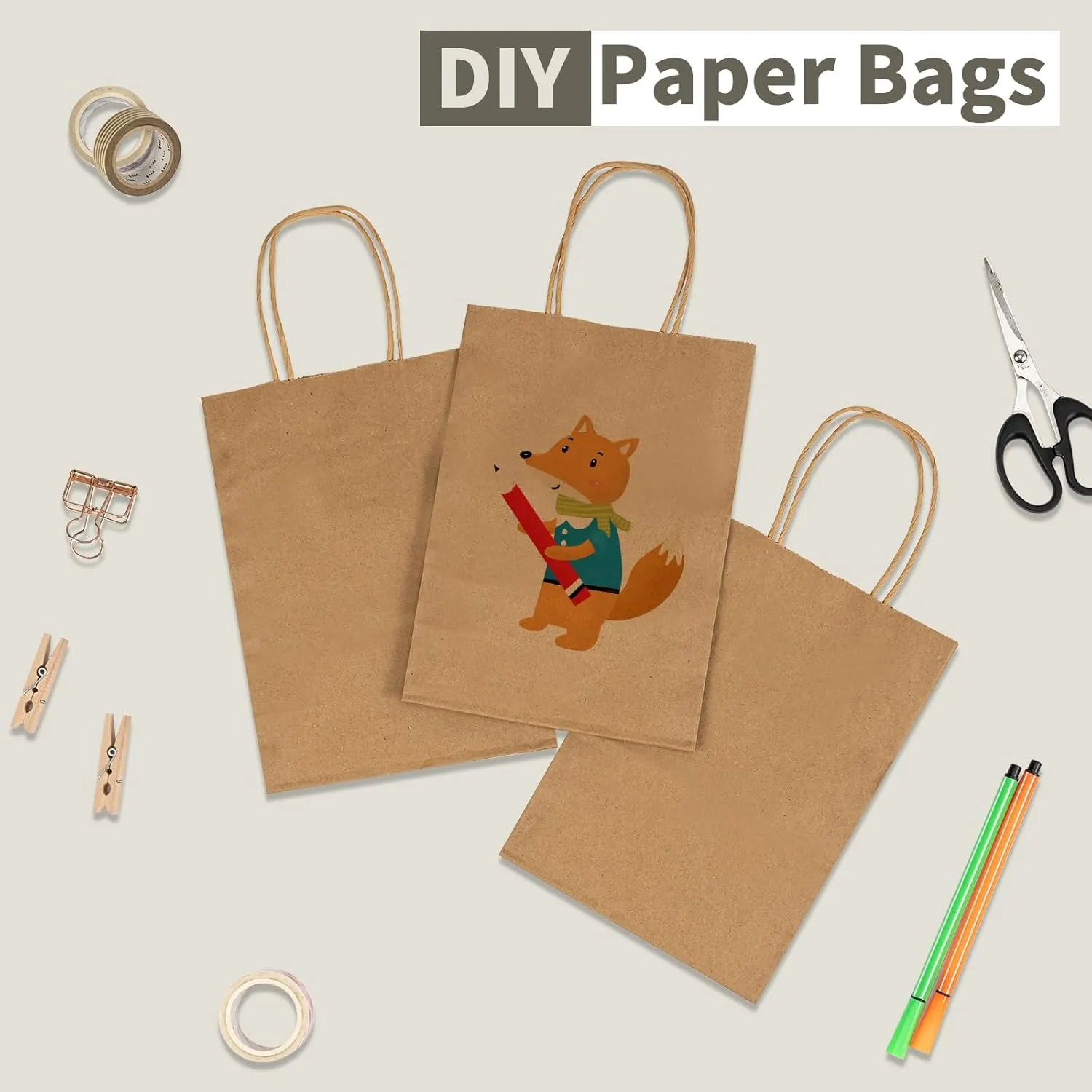 RACETOP 50 PCS Custom Paper Bags with Logo for Small Business, 8x4.5x10.8 Inch Medium Size, Personalized Gift Bags, Brown Shopping Paper bag with Handle, White Goodie Bag, Bulk
