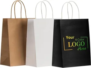 RACETOP 50 PCS Custom Paper Bags with Logo for Small Business, 8x4.5x10.8 Inch Medium Size, Personalized Gift Bags, Brown Shopping Paper bag with Handle, White Goodie Bag, Bulk
