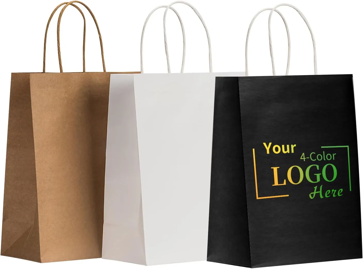 RACETOP 50 PCS Custom Paper Bags with Logo for Small Business, 8x4.5x10.8 Inch Medium Size, Personalized Gift Bags, Brown Shopping Paper bag with Handle, White Goodie Bag, Bulk