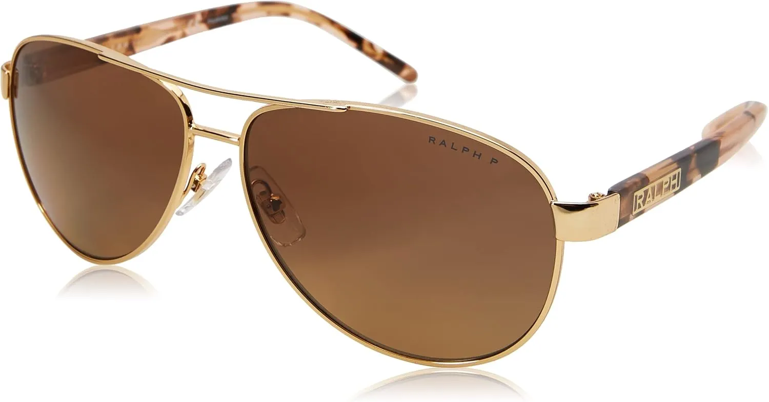 Ralph by Ralph Lauren Women's RA4004 Aviator Sunglasses, Shiny Gold/Polarized Yellow Gradient Brown, 59 mm