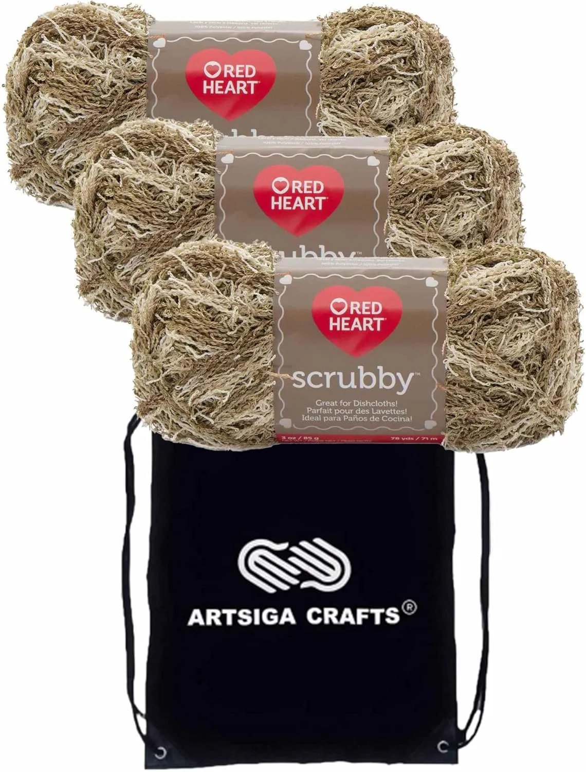 Red Heart Scrubby Almond E833-938 (3-Skeins - Same Dye Lot) Worsted Medium #4 Polyester Yarn for Crocheting and Knitting with Project Bag