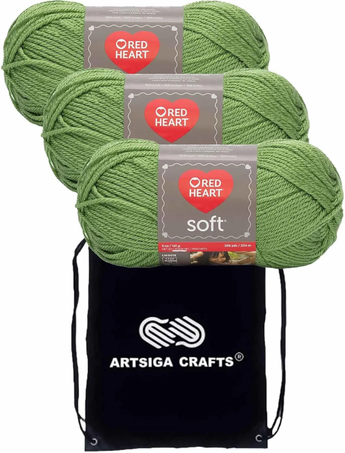 Red Heart Soft Guacamole E728-4420 (3-Skeins - Same Dye Lot) Worsted Medium #4 Acrylic Yarn for Crocheting and Knitting with Knitting Project Bag