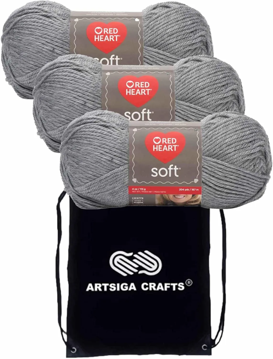 Red Heart Soft Light Grey Heather E728-9440 (3-Skeins - Same Dye Lot) Worsted Medium #4 Acrylic Yarn for Crocheting and Knitting with Knitting Project Bag