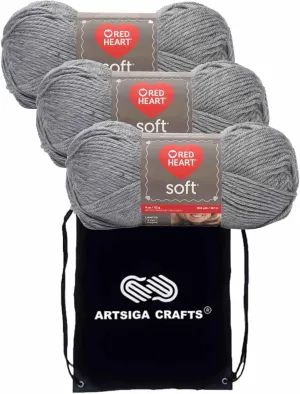 Red Heart Soft Light Grey Heather E728-9440 (3-Skeins - Same Dye Lot) Worsted Medium #4 Acrylic Yarn for Crocheting and Knitting with Knitting Project Bag