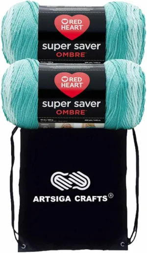 Red Heart Super Saver Ombre Spearmint E305-3970 (2-Skeins - Same Dye Lot) Worsted Medium #4 Acrylic Yarn for Crocheting and Knitting with Project Bag