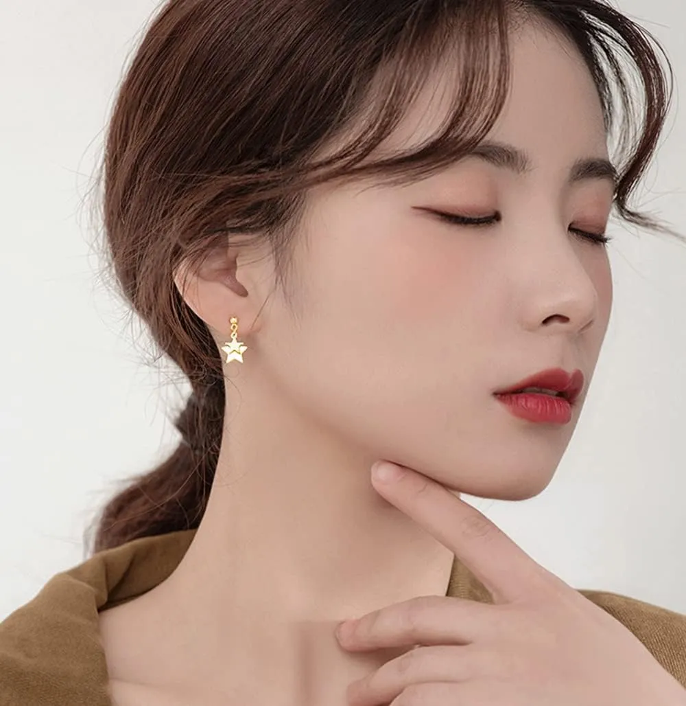 Reffeer Solid 925 Sterling Silver Double Star Stud Earrings for Women Teens Small Star Stud Earrings Drops