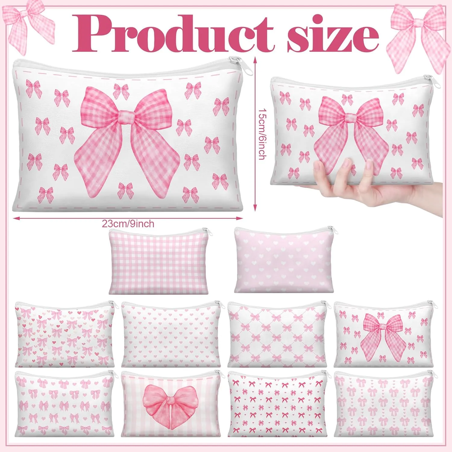 Reginary 10 Pcs Coquette Pink Bow Cosmetic Bag for Woman Wedding Mother's Day Nurses Day Pink Aesthetic Makeup Bag Lovely Heart Preppy Pouch Zipper Coquette Birthday Party Favor for Team Bestie Family