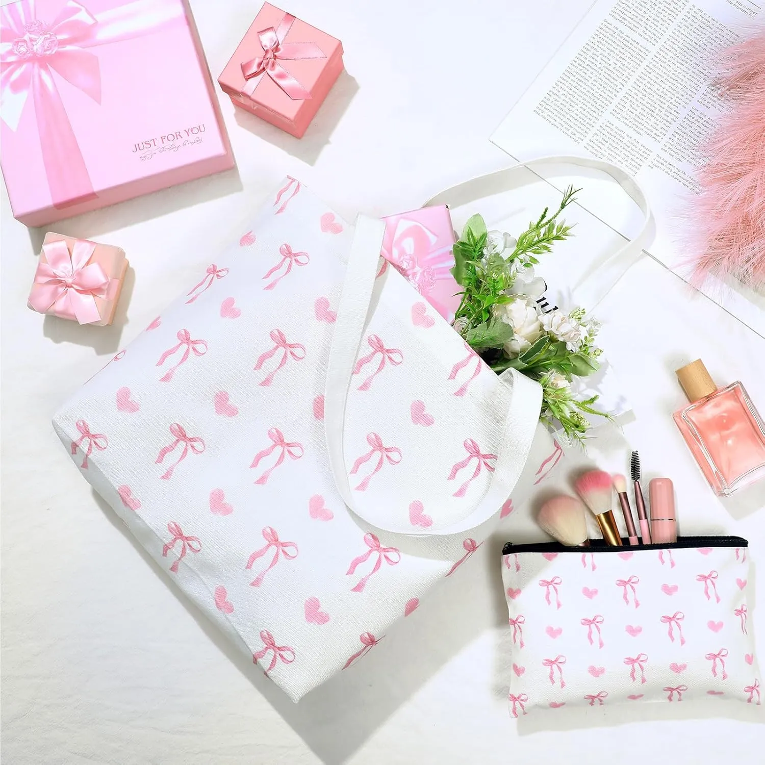 Reginary 2 Pcs Coquette Pink Bow Canvas Tote Bags with a Makeup Bag Aesthetic Reusable Pink Bow Birthday Gift Valentine Birthday Gift for Woman Female