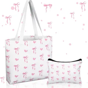 Reginary 2 Pcs Coquette Pink Bow Canvas Tote Bags with a Makeup Bag Aesthetic Reusable Pink Bow Birthday Gift Valentine Birthday Gift for Woman Female