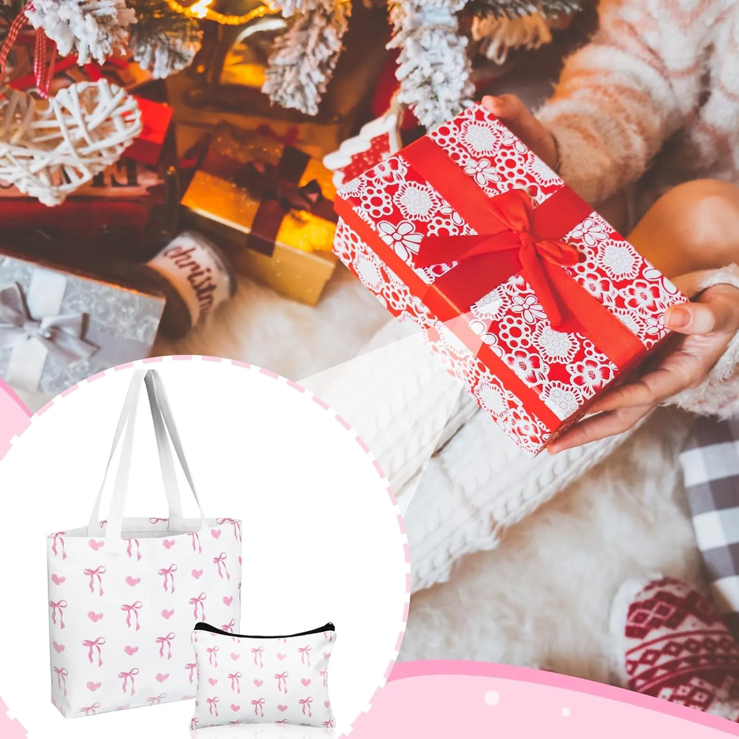 Reginary 2 Pcs Coquette Pink Bow Canvas Tote Bags with a Makeup Bag Aesthetic Reusable Pink Bow Birthday Gift Valentine Birthday Gift for Woman Female