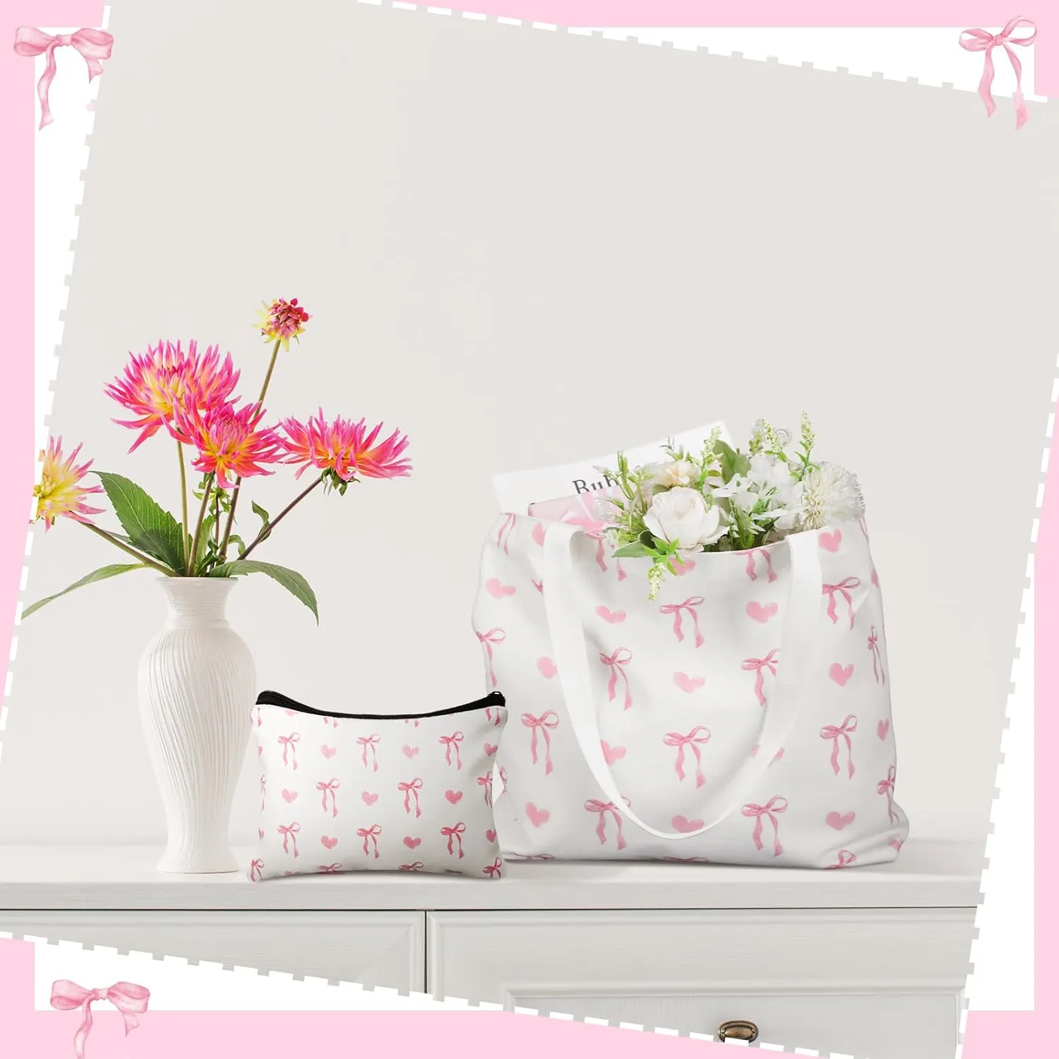 Reginary 2 Pcs Coquette Pink Bow Canvas Tote Bags with a Makeup Bag Aesthetic Reusable Pink Bow Birthday Gift Valentine Birthday Gift for Woman Female