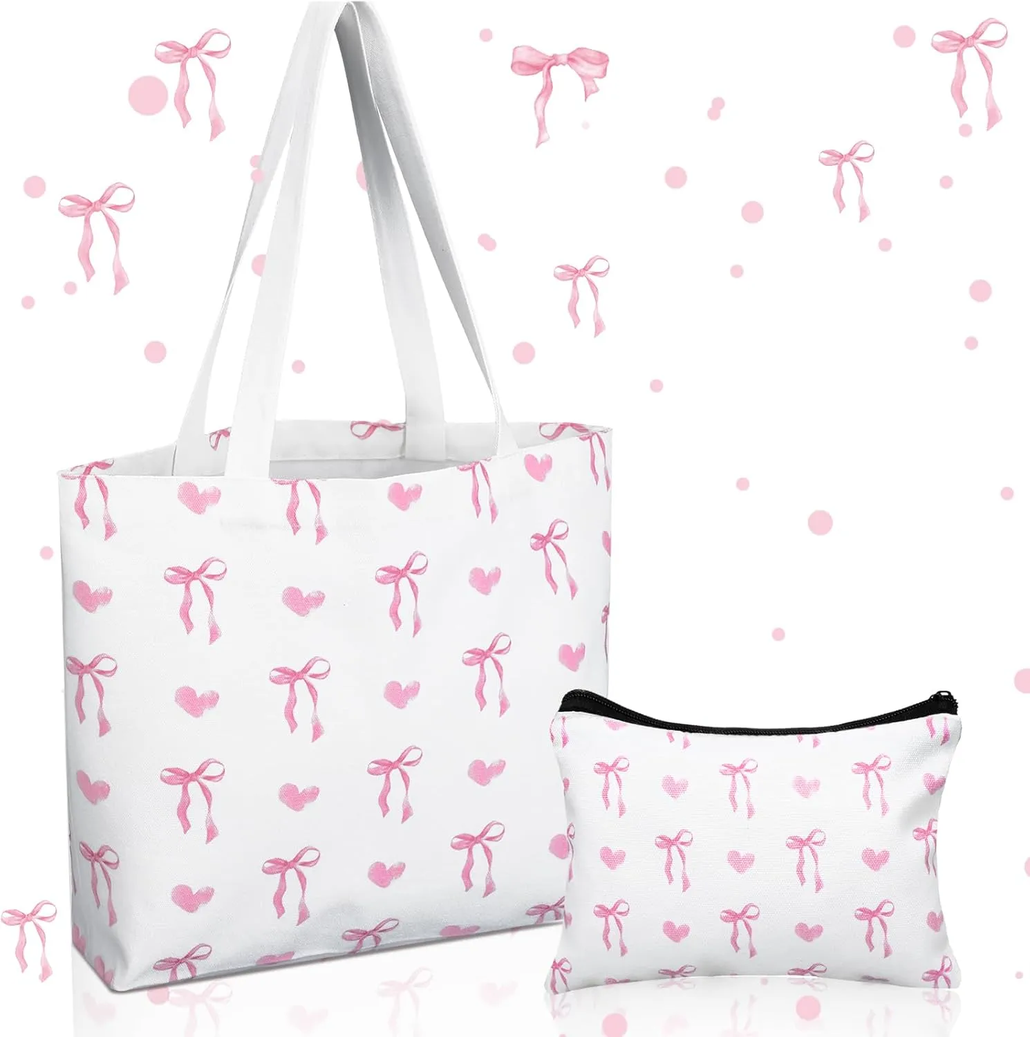 Reginary 2 Pcs Coquette Pink Bow Canvas Tote Bags with a Makeup Bag Aesthetic Reusable Pink Bow Birthday Gift Valentine Birthday Gift for Woman Female