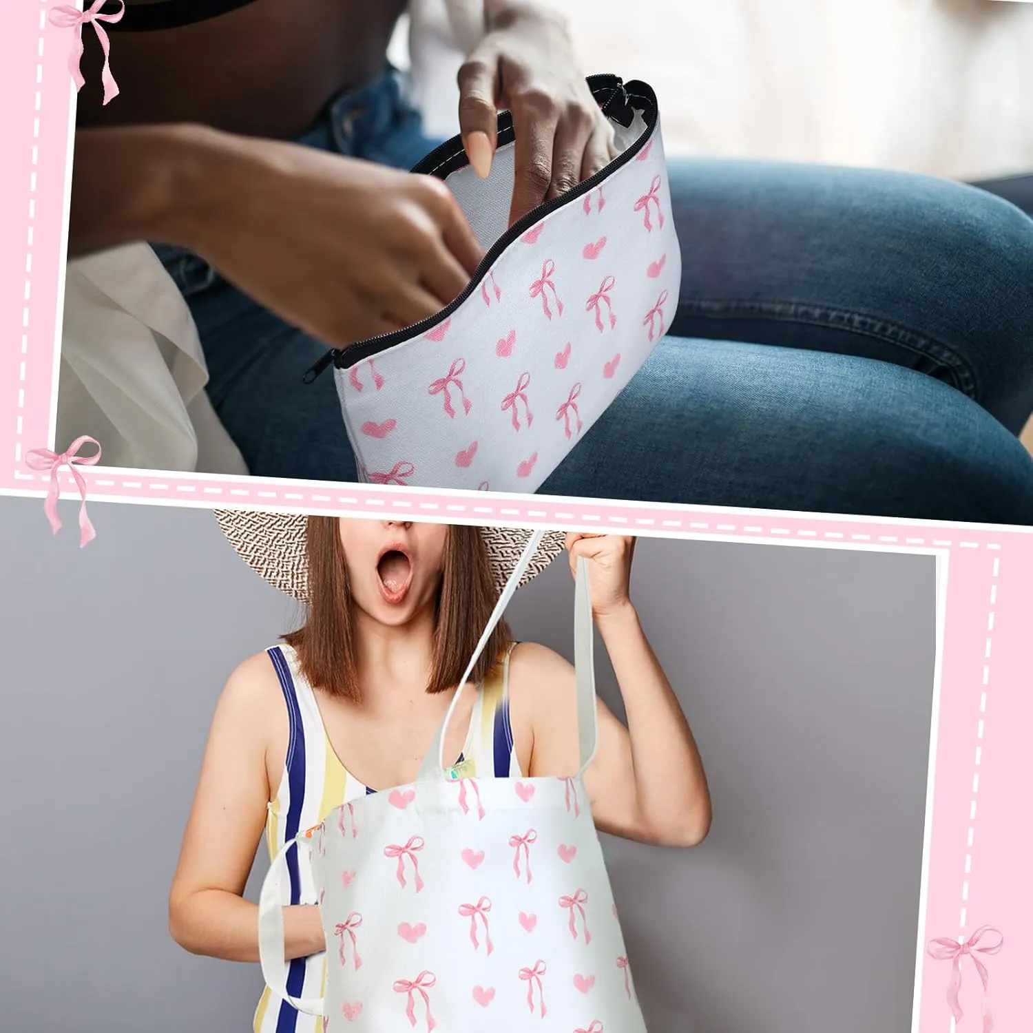 Reginary 2 Pcs Coquette Pink Bow Canvas Tote Bags with a Makeup Bag Aesthetic Reusable Pink Bow Birthday Gift Valentine Birthday Gift for Woman Female
