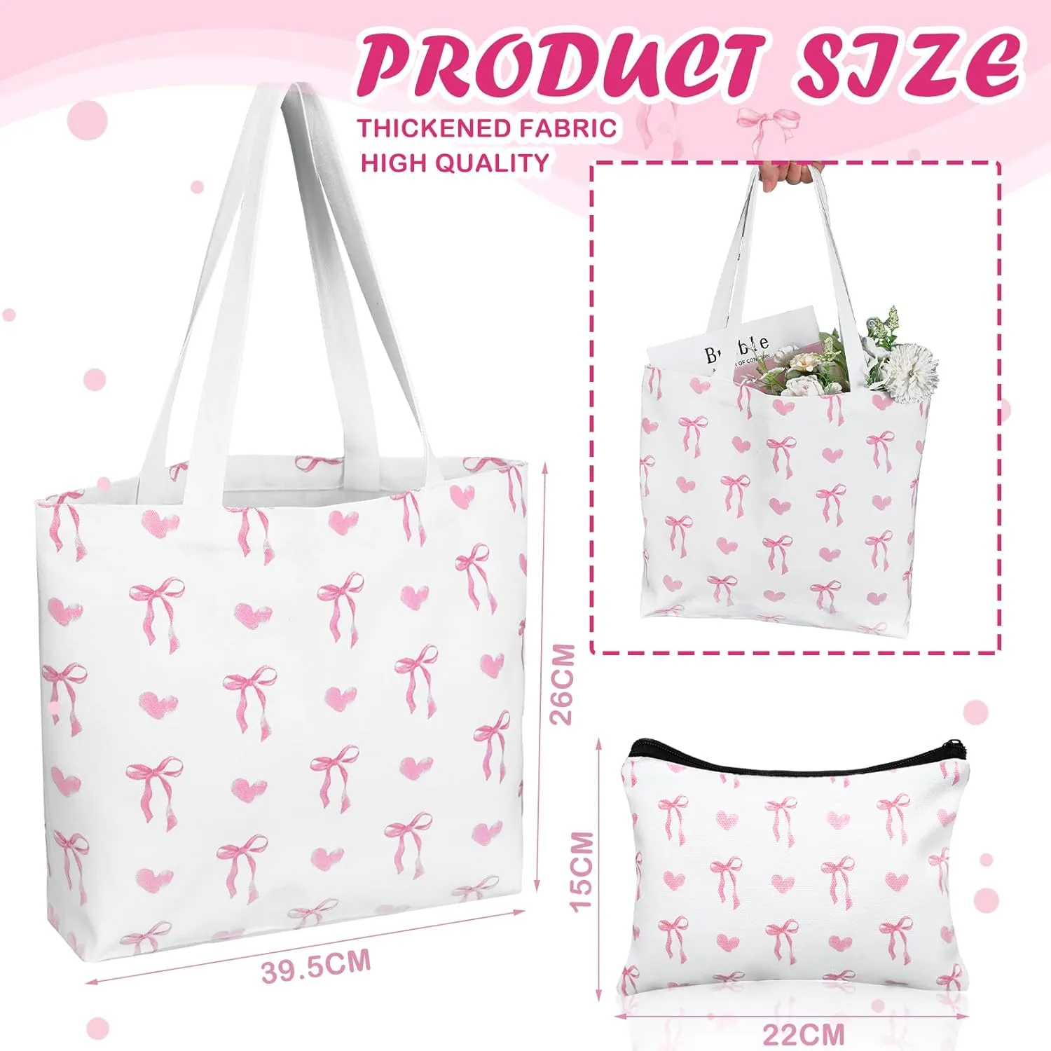 Reginary 2 Pcs Coquette Pink Bow Canvas Tote Bags with a Makeup Bag Aesthetic Reusable Pink Bow Birthday Gift Valentine Birthday Gift for Woman Female