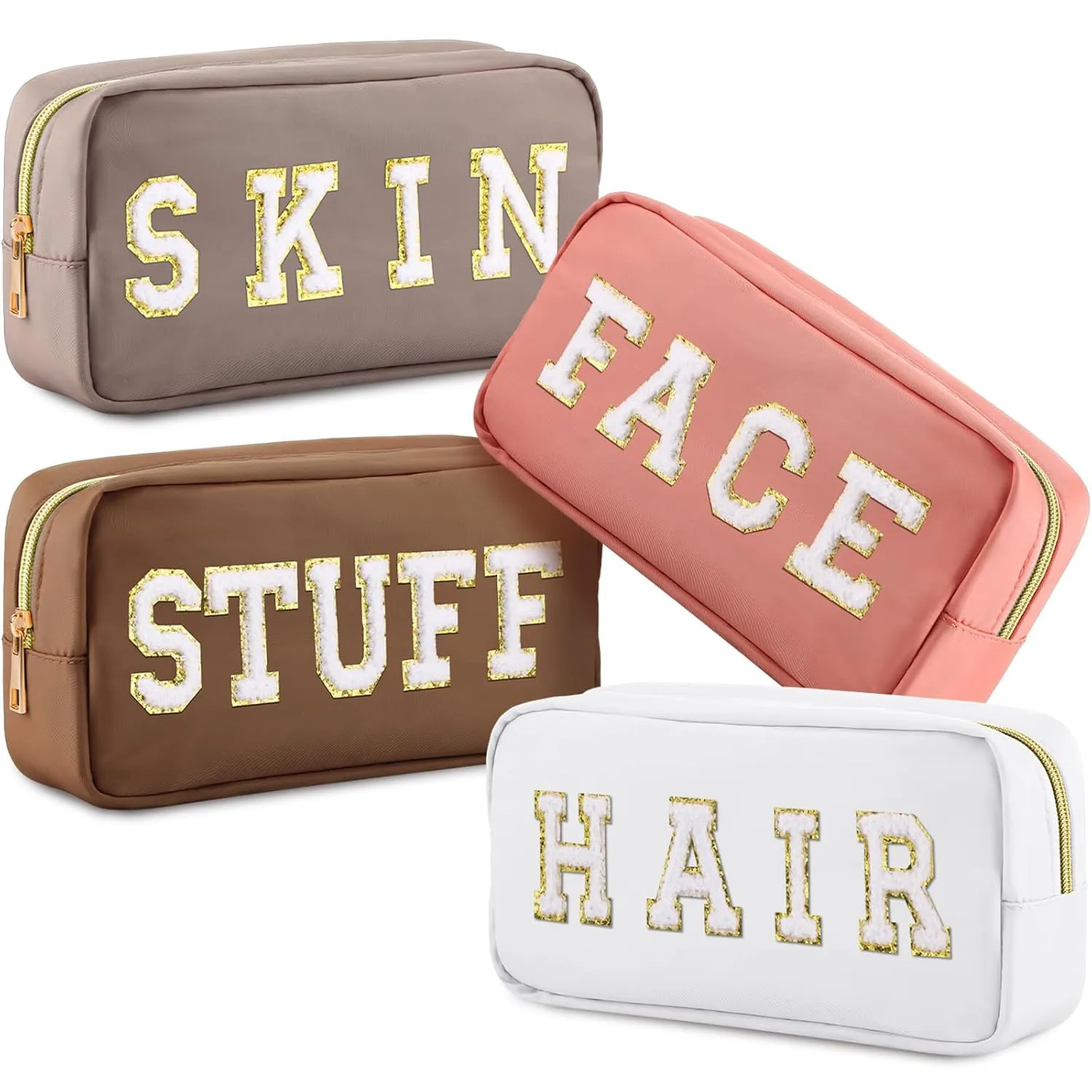 Remerry 4 Pcs Travel Toiletry Bags for Women Nylon Makeup Bag Organizer Cosmetic Chenille Letter Pouch Zipper Preppy Waterproof Hair Pouch Christmas Gift (Multicolor)