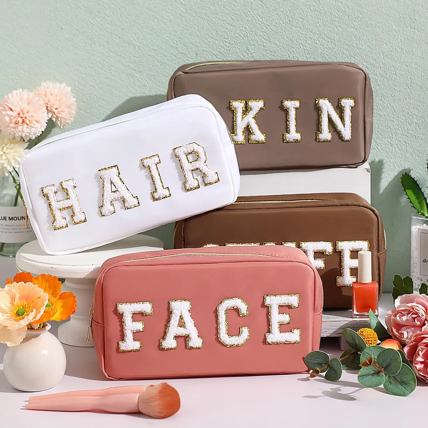 Remerry 4 Pcs Travel Toiletry Bags for Women Nylon Makeup Bag Organizer Cosmetic Chenille Letter Pouch Zipper Preppy Waterproof Hair Pouch Christmas Gift (Multicolor)