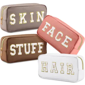 Remerry 4 Pcs Travel Toiletry Bags for Women Nylon Makeup Bag Organizer Cosmetic Chenille Letter Pouch Zipper Preppy Waterproof Hair Pouch Christmas Gift (Multicolor)