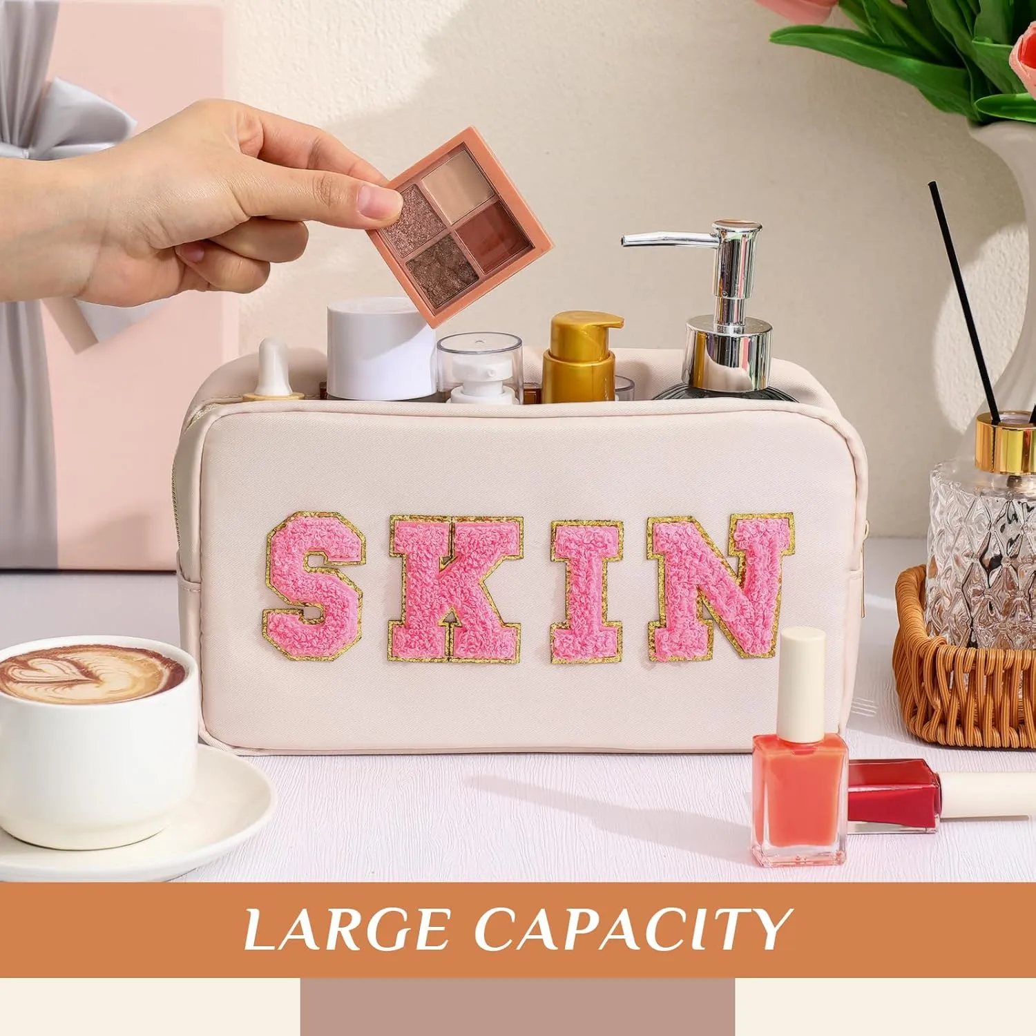 Remerry 4 Pcs Travel Toiletry Bags for Women Nylon Makeup Bag Organizer Cosmetic Chenille Letter Pouch Zipper Preppy Waterproof Hair Pouch Christmas Gift(Gentle White)