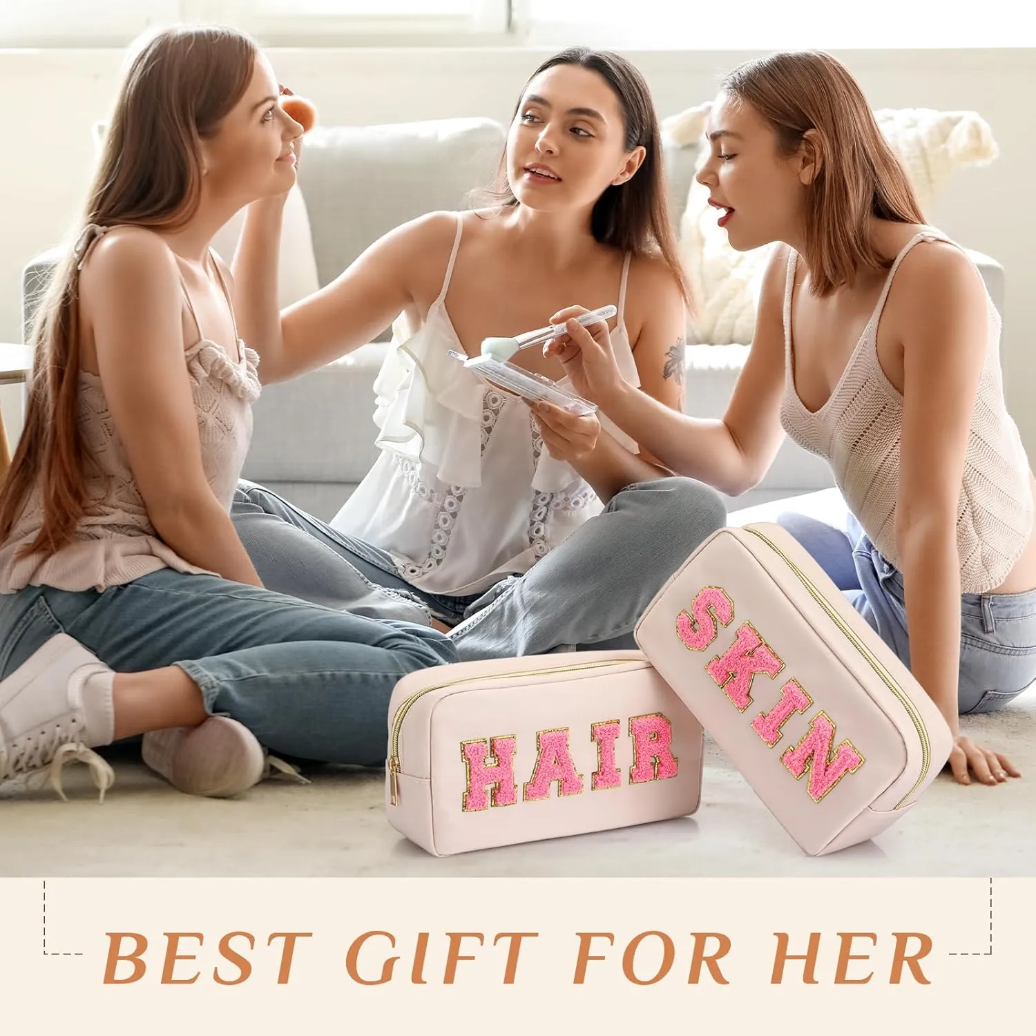 Remerry 4 Pcs Travel Toiletry Bags for Women Nylon Makeup Bag Organizer Cosmetic Chenille Letter Pouch Zipper Preppy Waterproof Hair Pouch Christmas Gift(Gentle White)