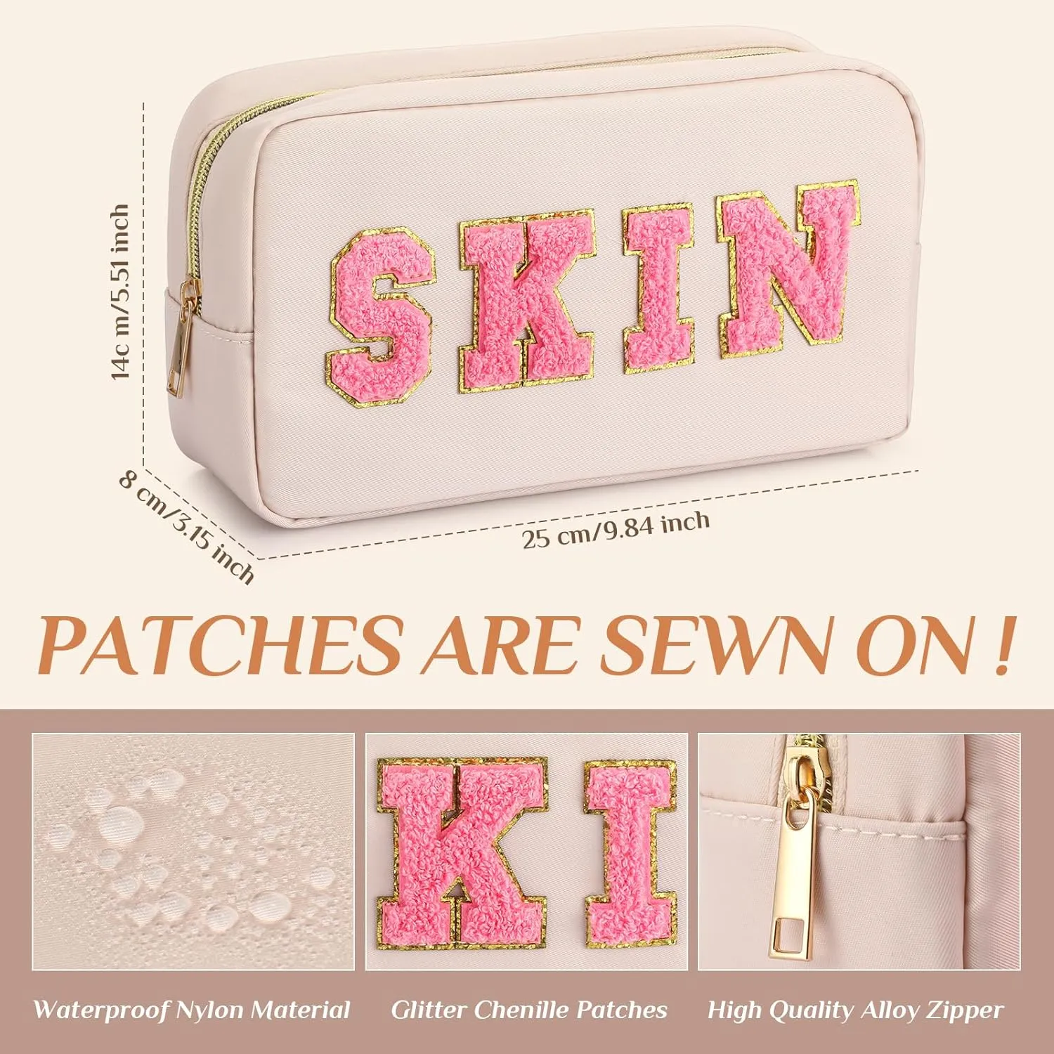 Remerry 4 Pcs Travel Toiletry Bags for Women Nylon Makeup Bag Organizer Cosmetic Chenille Letter Pouch Zipper Preppy Waterproof Hair Pouch Christmas Gift(Gentle White)
