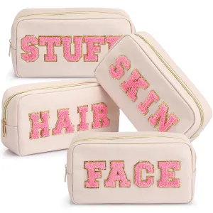 Remerry 4 Pcs Travel Toiletry Bags for Women Nylon Makeup Bag Organizer Cosmetic Chenille Letter Pouch Zipper Preppy Waterproof Hair Pouch Christmas Gift(Gentle White)