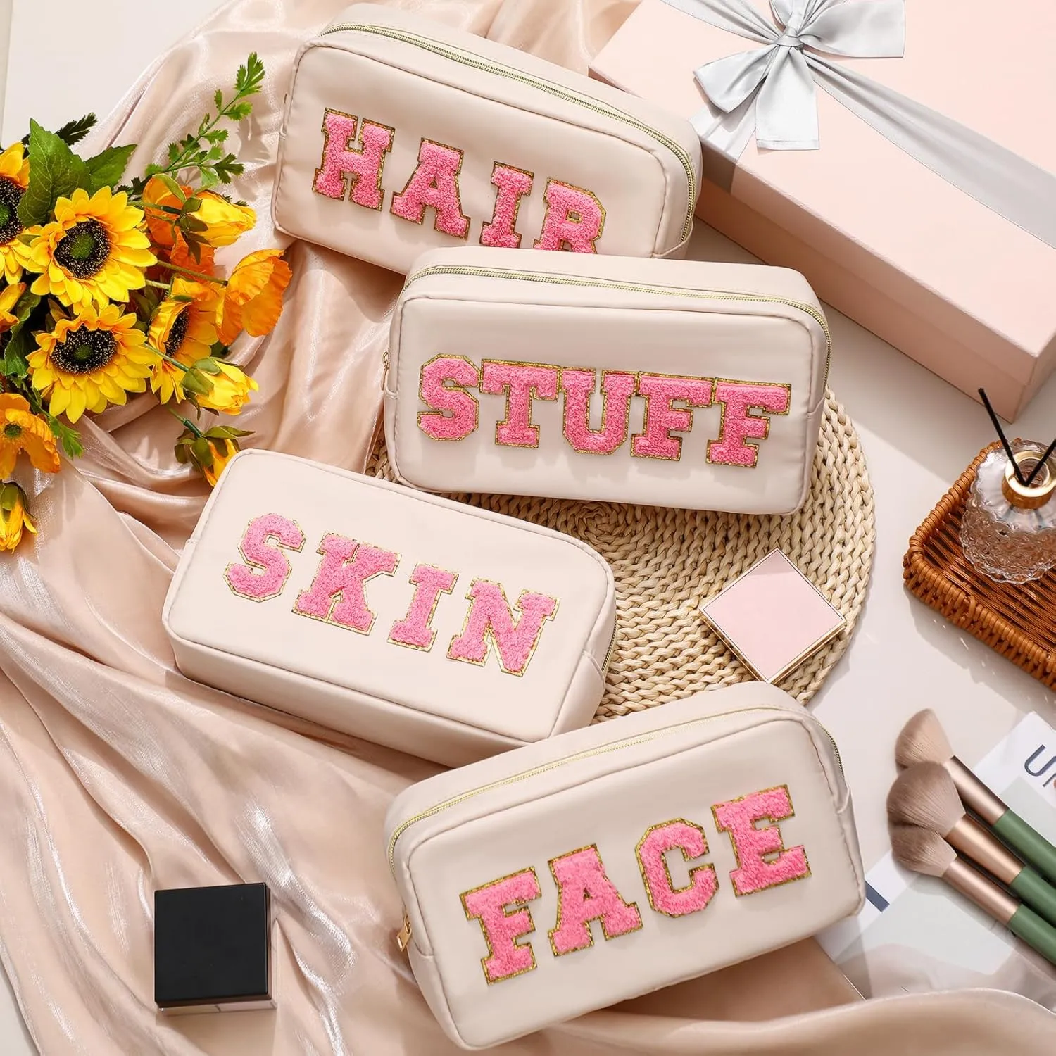 Remerry 4 Pcs Travel Toiletry Bags for Women Nylon Makeup Bag Organizer Cosmetic Chenille Letter Pouch Zipper Preppy Waterproof Hair Pouch Christmas Gift(Gentle White)