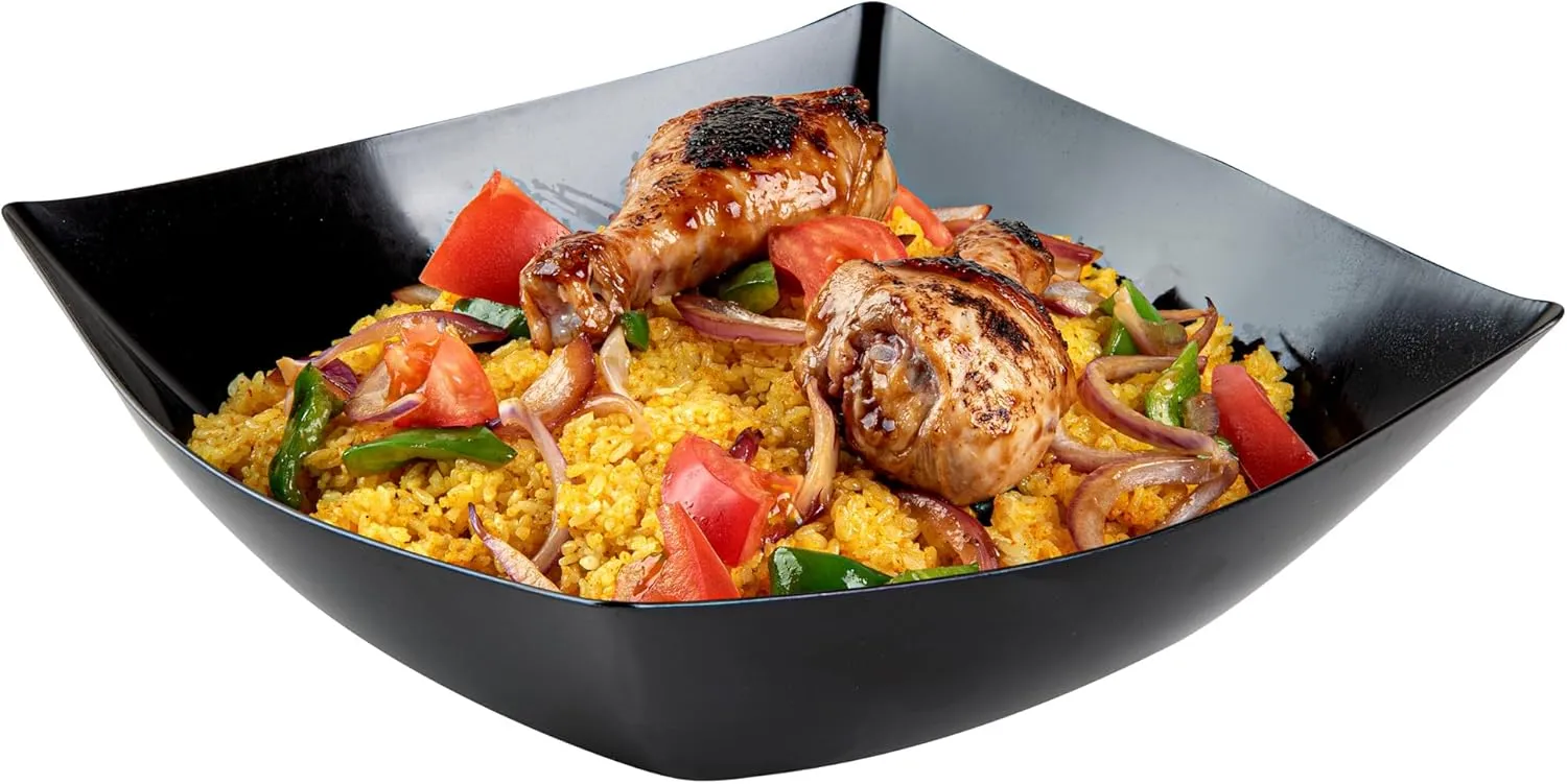 Restaurantware Moderna 128 Ounce Fancy Plastic Bowls 10 Square Disposable Salad Bowls - Durable Heavy-duty Black Plastic Bowls For Warm And Cold Foods