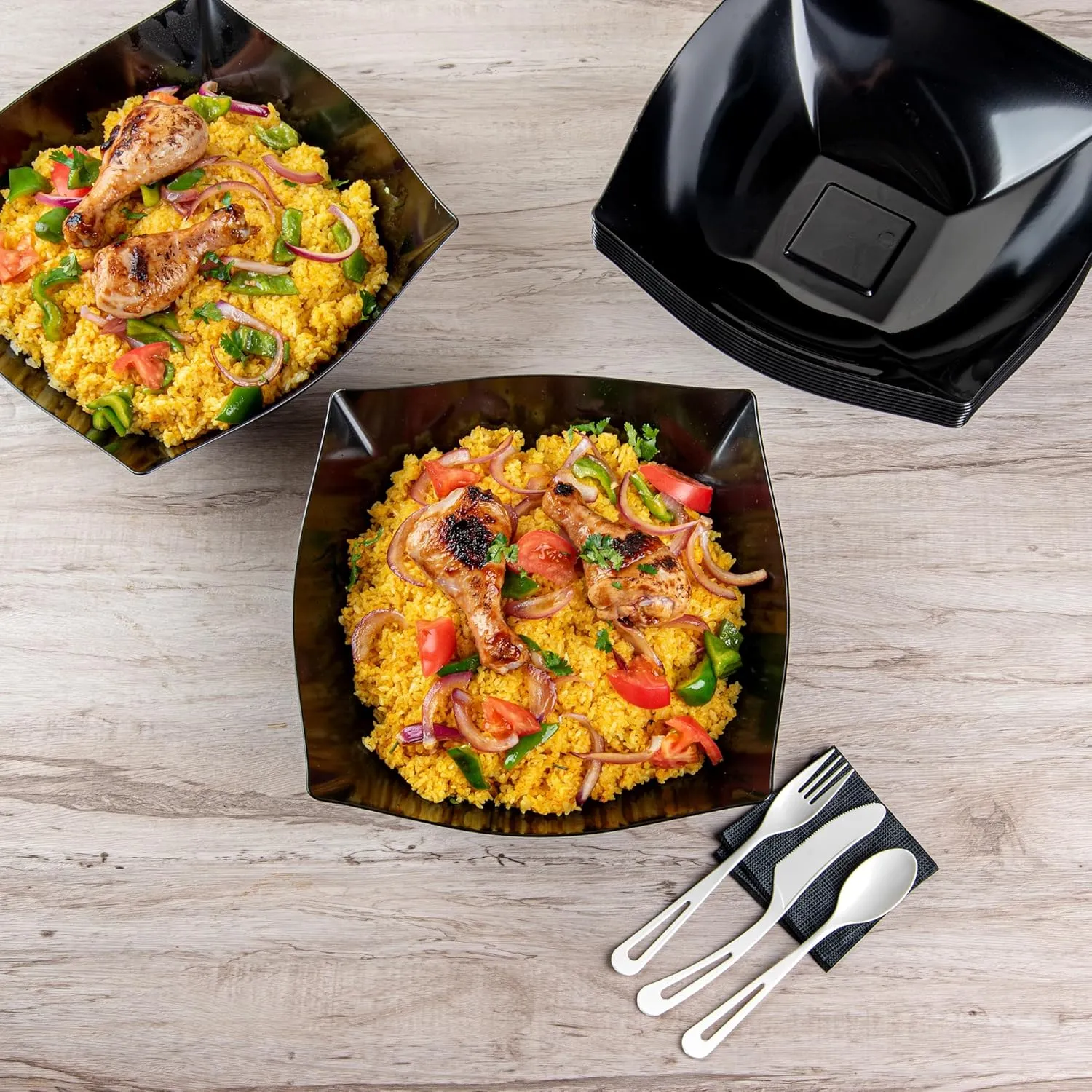 Restaurantware Moderna 128 Ounce Fancy Plastic Bowls 10 Square Disposable Salad Bowls - Durable Heavy-duty Black Plastic Bowls For Warm And Cold Foods