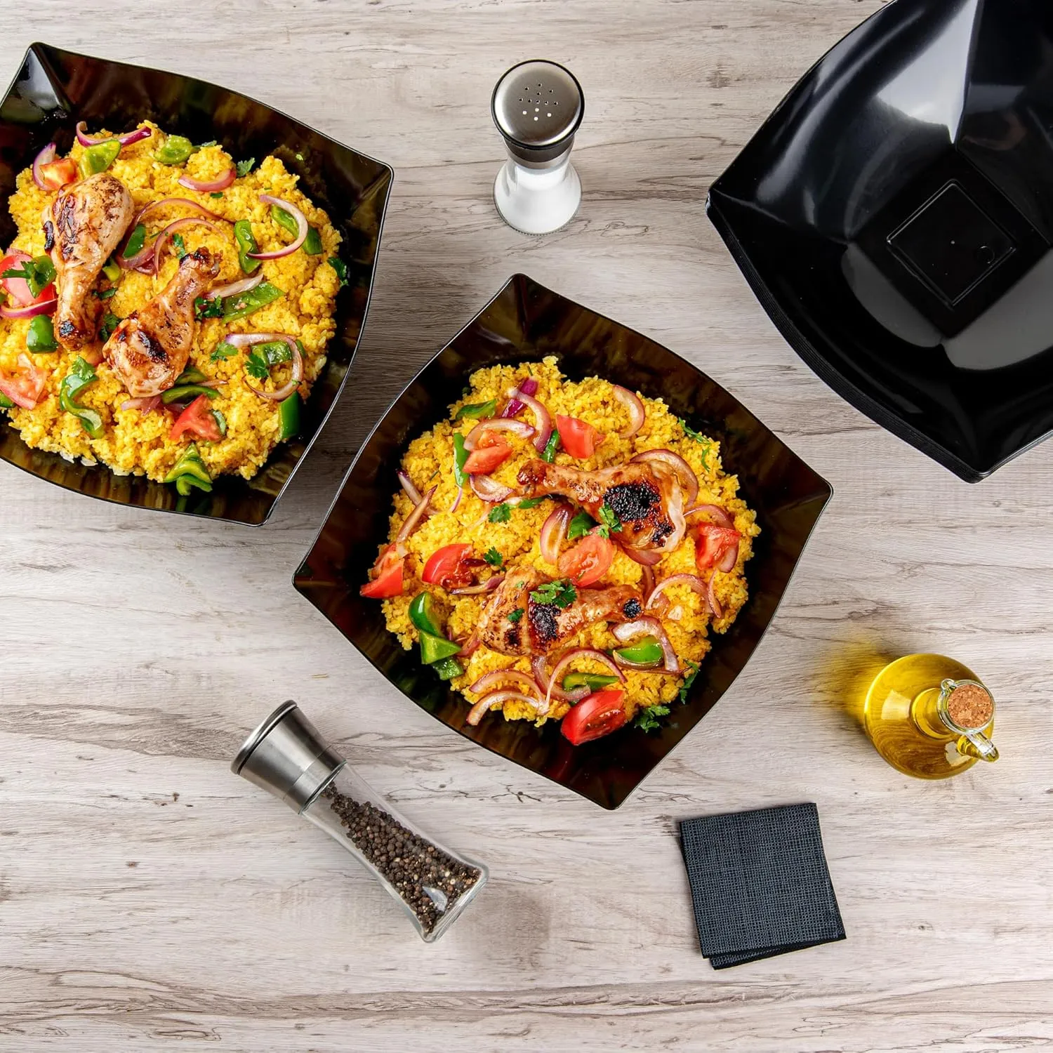 Restaurantware Moderna 128 Ounce Fancy Plastic Bowls 10 Square Disposable Salad Bowls - Durable Heavy-duty Black Plastic Bowls For Warm And Cold Foods
