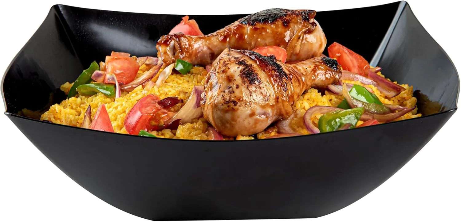 Restaurantware Moderna 128 Ounce Fancy Plastic Bowls 10 Square Disposable Salad Bowls - Durable Heavy-duty Black Plastic Bowls For Warm And Cold Foods