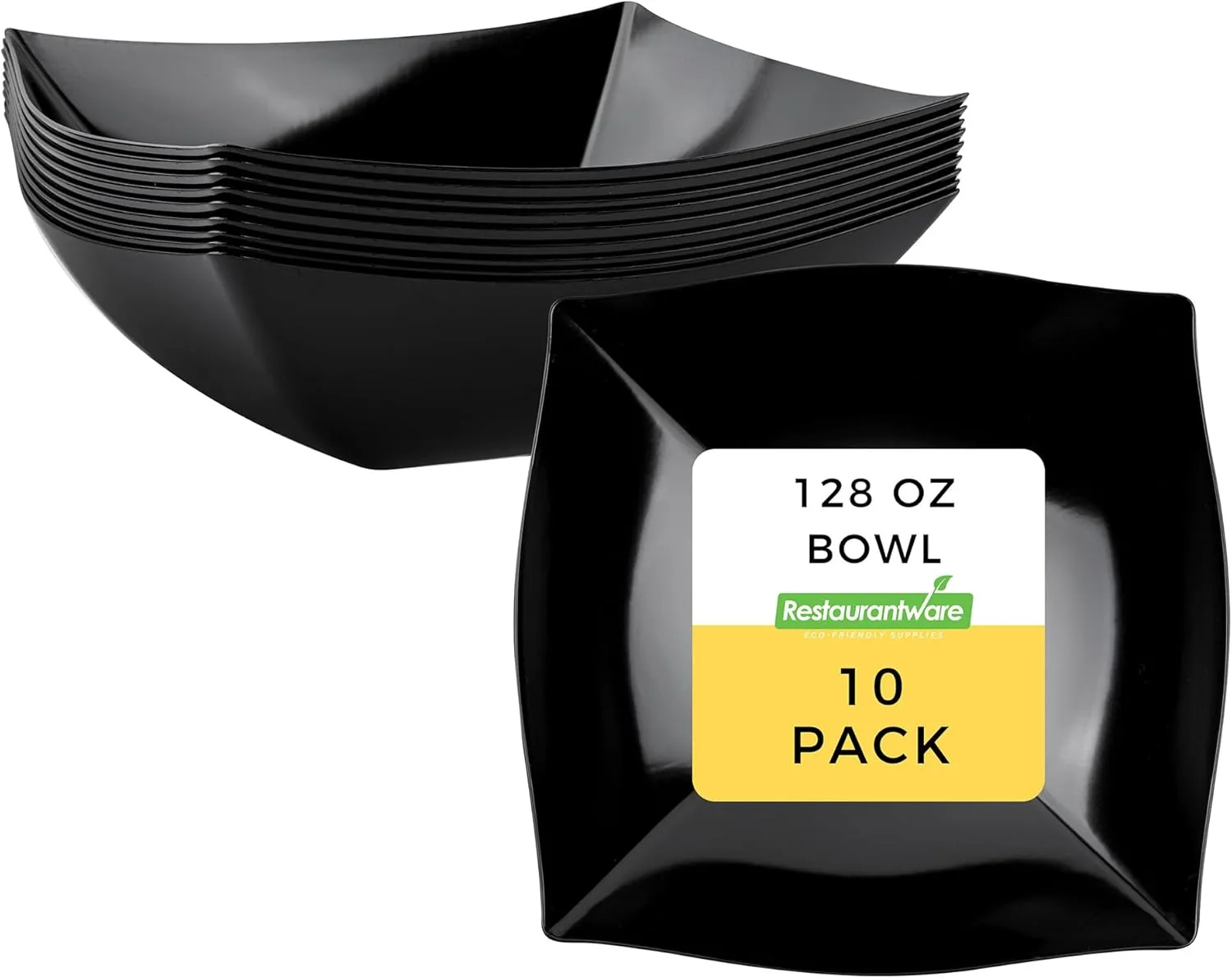 Restaurantware Moderna 128 Ounce Fancy Plastic Bowls 10 Square Disposable Salad Bowls - Durable Heavy-duty Black Plastic Bowls For Warm And Cold Foods