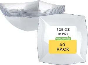 Restaurantware Moderna 128 Ounce Fancy Plastic Bowls 40 Square Disposable Salad Bowls - Durable Heavy-duty Clear Plastic Bowls For Warm And Cold Foods