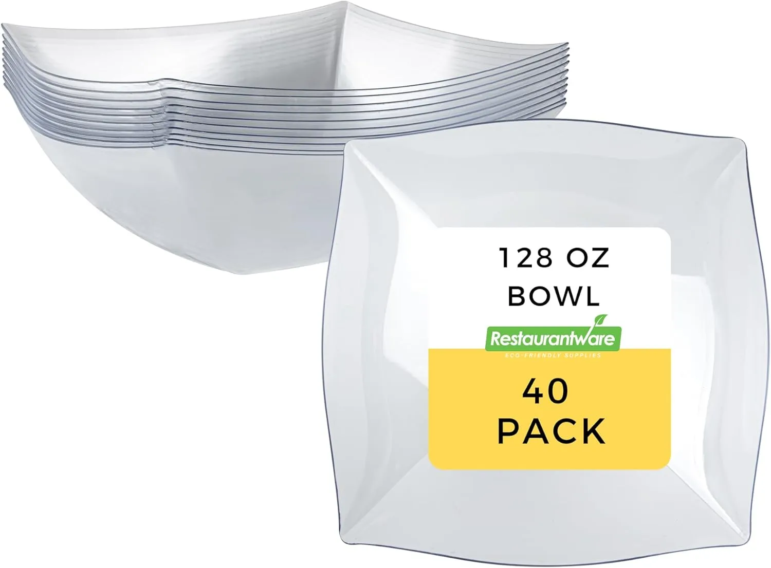 Restaurantware Moderna 128 Ounce Fancy Plastic Bowls 40 Square Disposable Salad Bowls - Durable Heavy-duty Clear Plastic Bowls For Warm And Cold Foods