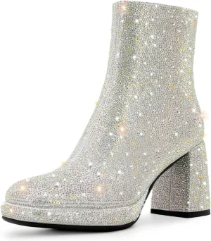Rhinestone Boots For Women Chunky Block Heeled Sparkly Platform Ankle Booties Glitter Shoes Wedding Bride