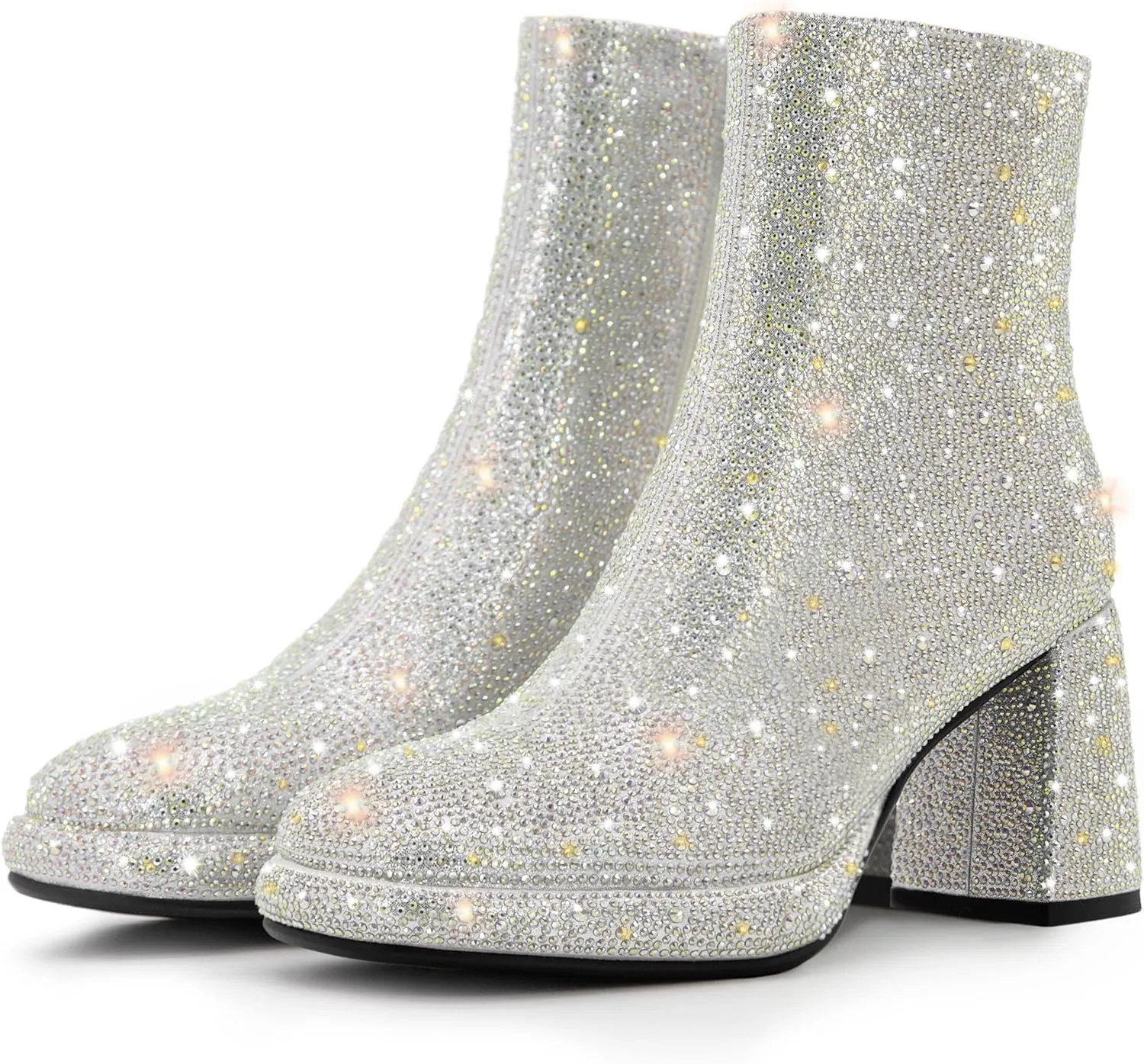 Rhinestone Boots For Women Chunky Block Heeled Sparkly Platform Ankle Booties Glitter Shoes Wedding Bride