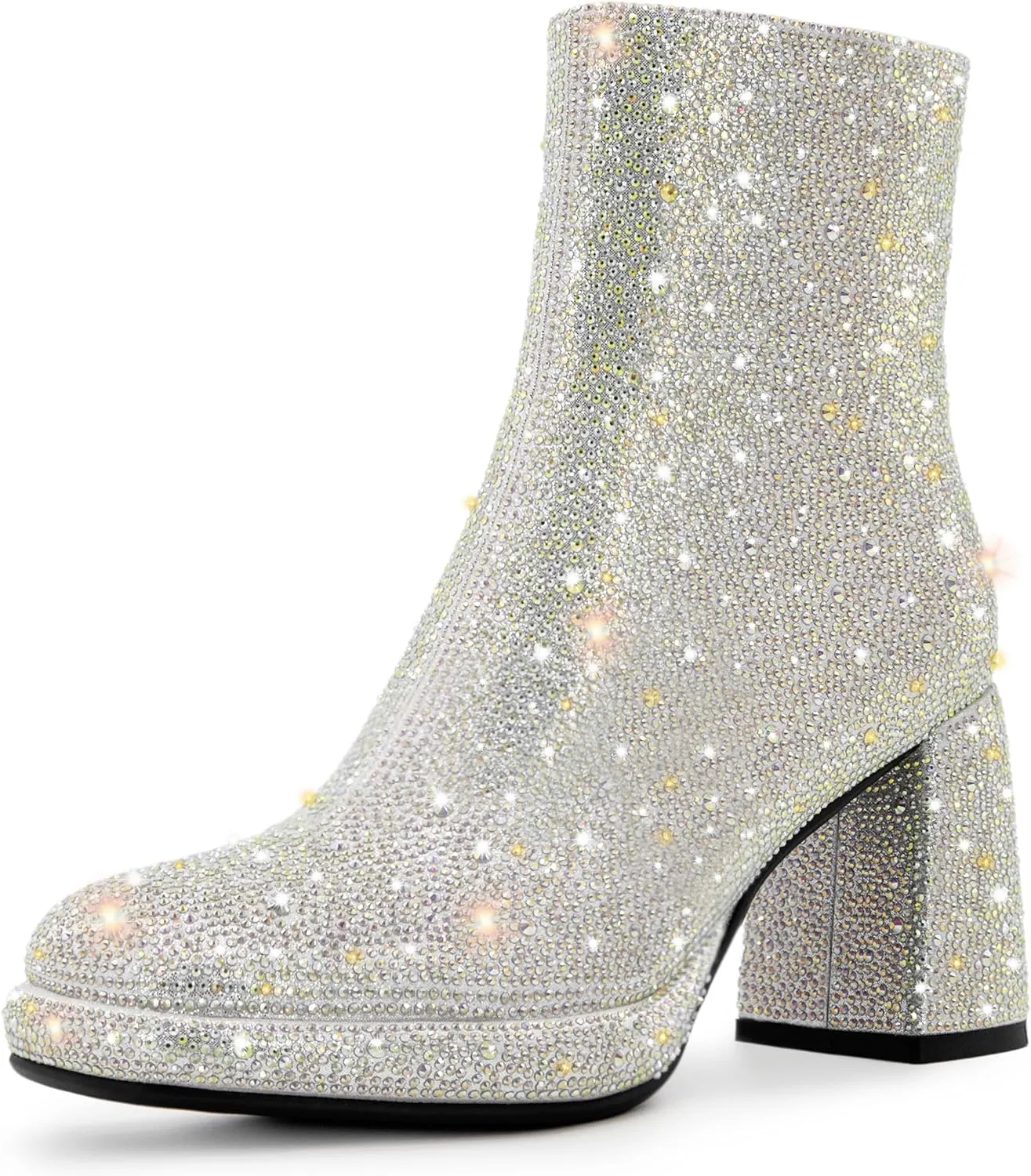 Rhinestone Boots For Women Chunky Block Heeled Sparkly Platform Ankle Booties Glitter Shoes Wedding Bride