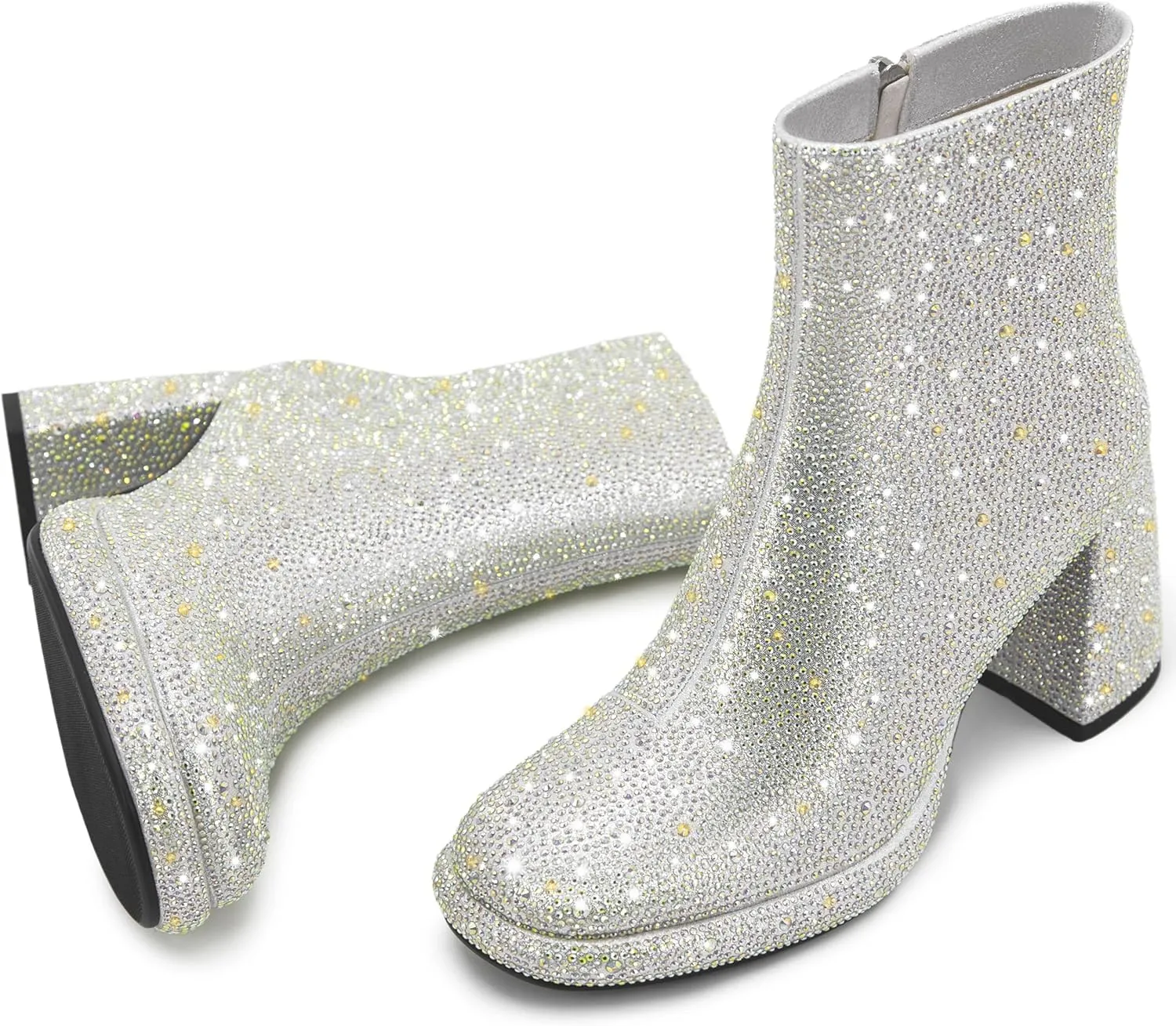 Rhinestone Boots For Women Chunky Block Heeled Sparkly Platform Ankle Booties Glitter Shoes Wedding Bride