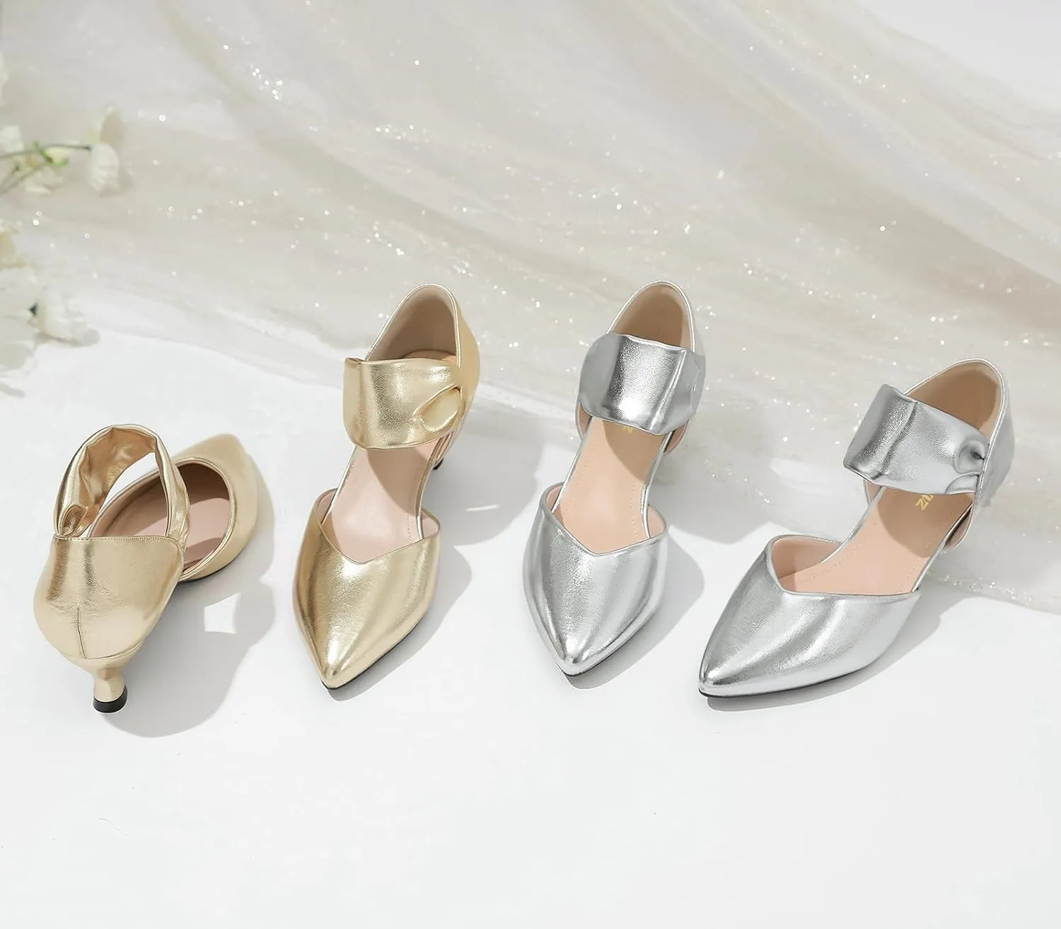 RIBONGZ Kitten Heels for Women Closed Toe Comfortable Low Heels Pointed Toe Sexy Slip on Pumps Bridal Party Dressy Shoes
