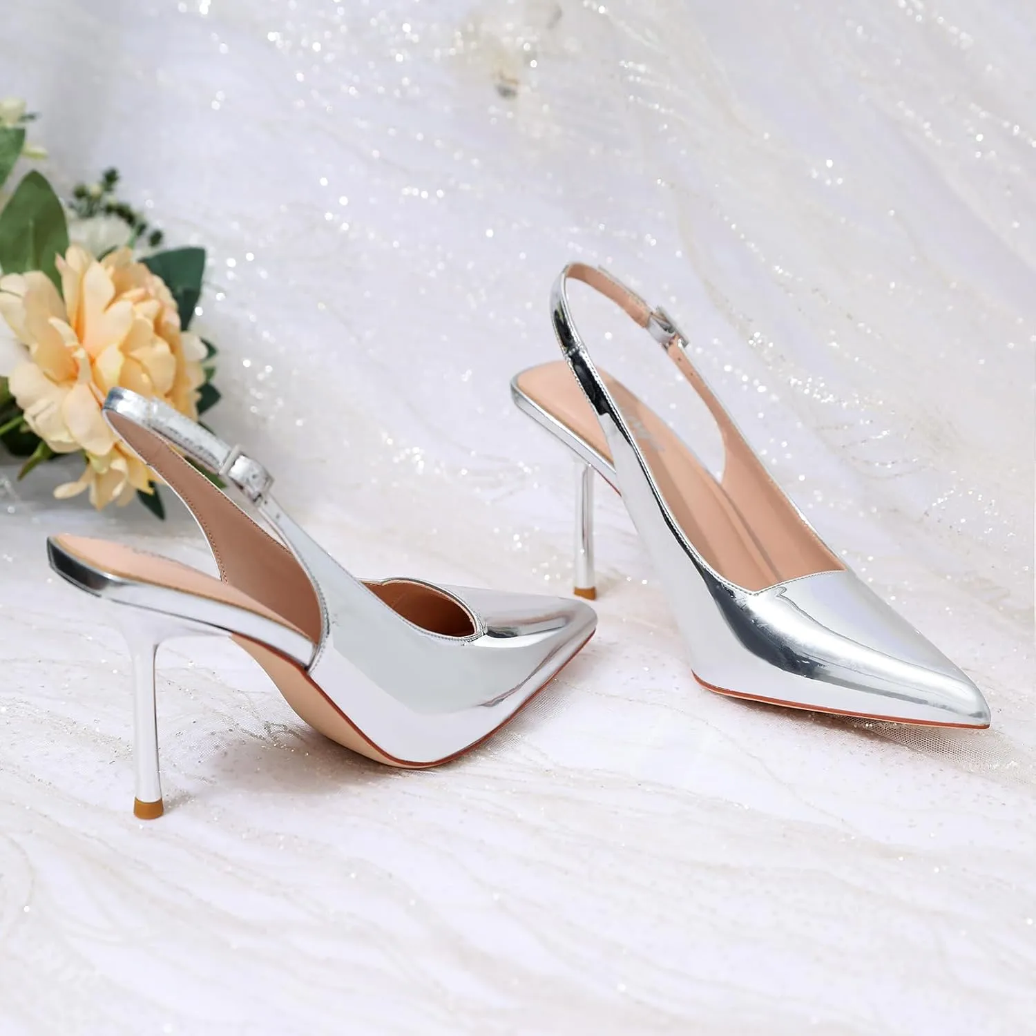 RIBONGZ Sexy Slingback Pumps Elegant Dressy Heels for Women Closed Toe Pointy High Heels Wedding Bride Prom Party Evening Shoes