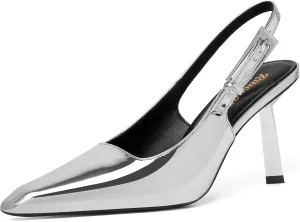 RIBONGZ Slingback Heels for Women Closed Pointed Toe Stiletto High Heels Dress Sexy Pumps Heeled Wedding Bride Prom Party Evening Dressy Shoes