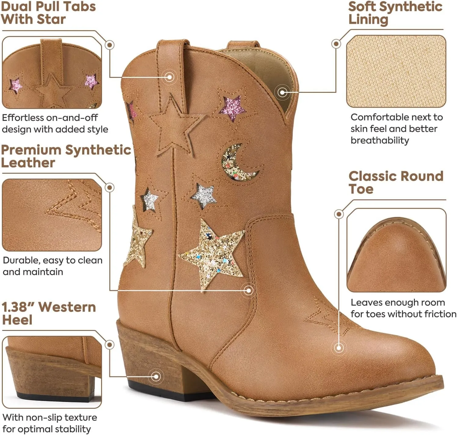 Rollda Girls Cowboy Boots Cowgirl Boots for Girls Star Boots Kids Western Boots for Toddler/Little Kid/Big Kid